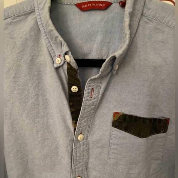 SAKS FIFTH AVENUE Blue Chambray with Camouflage Details L/S Mens Shirt M - Picture 2 of 5